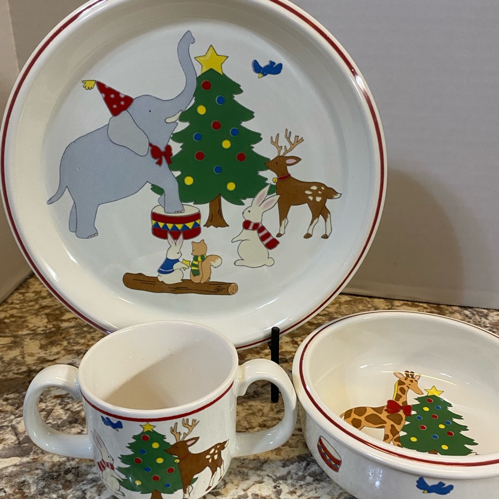 Child’s Christmas 3 piece dinner set from Mikasa.  Porcelain
